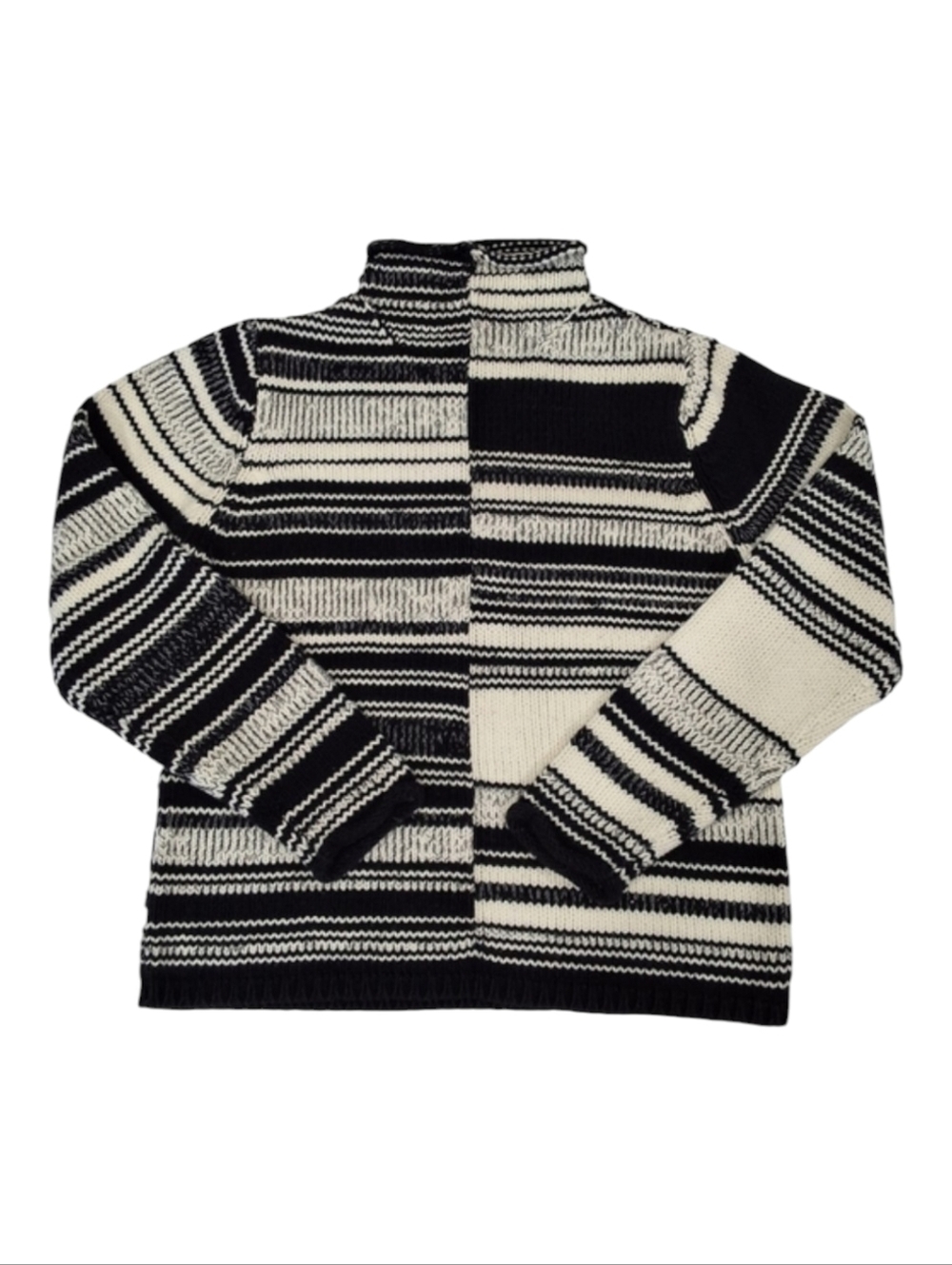 Northern Isles~Women VTG Stripe Yin Yang Mock Sweater~Cable Knit~Black White~MED